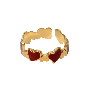 Vintage gold-plated stainless steel ring featuring red enamel heart-shaped patterns