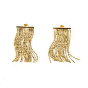 Elegant gold titanium tassel earrings with long chain fringe on white background