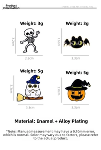Detail view of four Halloween enamel pins featuring ghosts, owls, and pumpkins on white background