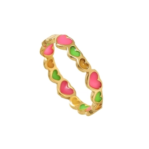 Golden heart ring with colorful enamel inlay in pink, green and orange on white background