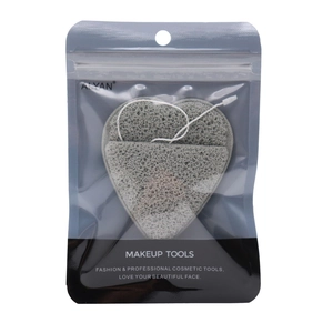 Grey heart-shaped konjac face sponge with white hanging rope in individual zip bag