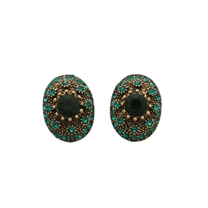 Retro oval stud earrings with dark green stones and crystals in vintage bronze finish