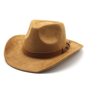 Western Cowboy Hat Suede Texture Wide Brim Fedora With Leather Band Metal Buckle Vintage Style For Men Women