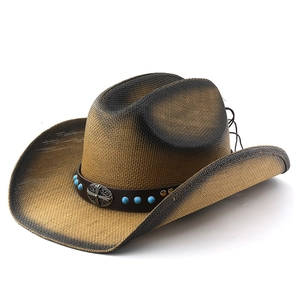 Chapeau de cowboy en paille style western avec dégradé marron et ruban en cuir turquoise