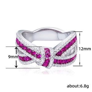 Elegante anello a nastro in argento con pietre rosa, gioiello moda larghezza 9mm