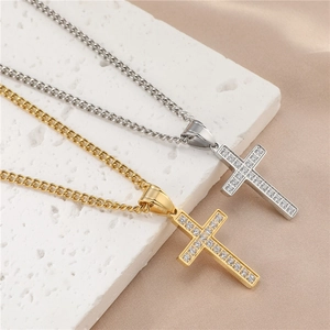 Collier Pendentif Croix Acier Inoxydable Avec Strass Incrustés Chaîne Cubaine Bijoux Style Hip Hop Religieux Hommes Femmes