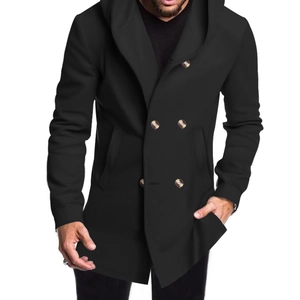 Close-up detail of double-breasted black hooded trench coat with functional side pockets