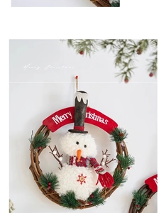 Detail of Christmas snowman rattan wreath with pine needles and red berries on white wall