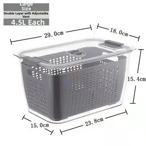 Detail of 4.5L fridge storage box with grey drain basket and adjustable air vent