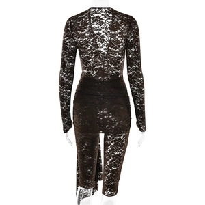 Detail of sheer dark brown lace fabric and ribbon back design on a two-piece bodysuit set