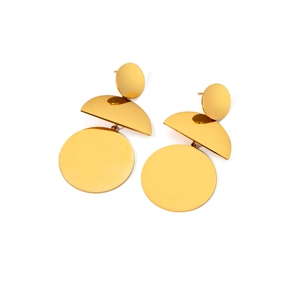 Detailed view of layered golden geometric discs on these minimalist titanium steel drop earrings