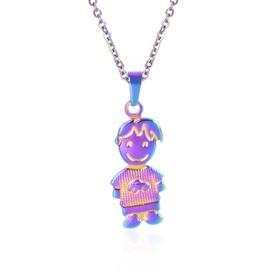 Macro detail of rainbow stainless steel boy pendant with car pattern and 18k gold plating