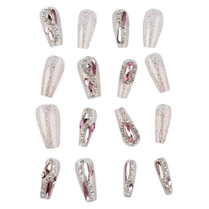 Pink glitter long coffin press-on nails set with large rhinestones on white background
