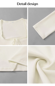 Detail-Design des weißen Y2K Langarm-Tops mit Spitze, Karree-Ausschnitt und Schleife