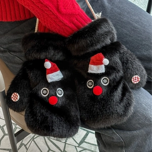 Thick black plush mittens with cute snowman design and red mini Christmas hat for winter