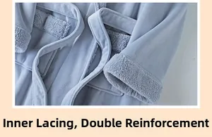 Detail of light blue fleece bathrobe featuring double inner ties and thick white lining
