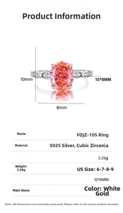 Detailed size chart for S925 silver ring featuring 10x8mm oval pink cubic zirconia stone