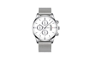 Detailed macro view of silver mesh band watch with white dial and triple sub-dials