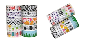 Close-up of colorful washi tapes with festive patterns like trees, stars and coffee cups