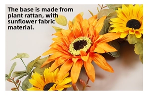 Close-up of autumn sunflower wreath with realistic fabric petals and natural vine base