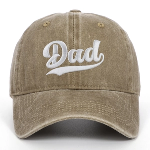 Close-up of vintage washed cotton baseball cap with white embroidered Dad lettering
