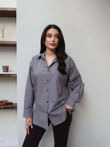 Vintage black and white plaid button-down long sleeve shirt with a classic lapel collar