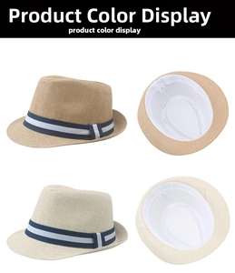 Detail view of khaki and beige straw hats with striped bands and inner sweatbands