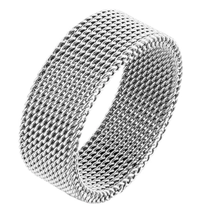 Unisex silver stainless steel mesh texture woven band ring with wide minimalist design