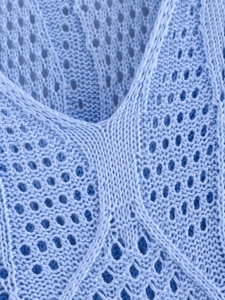 Detail of light blue knit top featuring V-neckline and intricate pointelle patterns