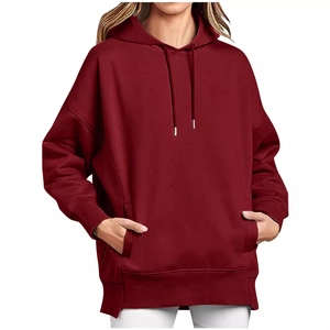 Women's burgundy oversized hoodie with drawstring hood and front kangaroo pocket