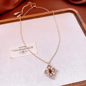 Retro tiger eye stone rhombus hollow pendant necklace with adjustable gold chain