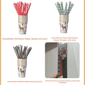 Detail of Christmas themed paper straws and reindeer cups for holiday party decorations