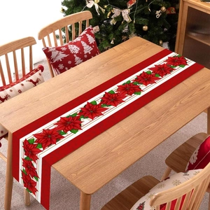 Christmas Table Runner Polyester Red Poinsettia Flower Design Festive Dining Decoration Holiday Home Party Accessory