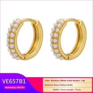 Detail showing 18k gold plated brass hoop earrings with white faux pearls and dimensions