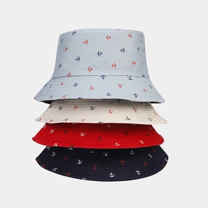 Detail view of cotton bucket hats with nautical anchor print in four assorted colors