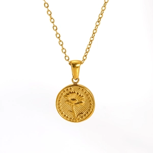 Elegant gold lily of the valley flower pendant necklace with embossed round steel charm