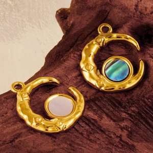 304 stainless steel crescent moon pendant necklaces with white and abalone shell inlay