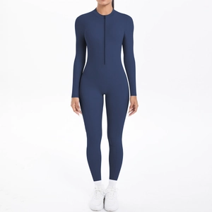 Front view of navy blue long sleeve yoga jumpsuit with sleek half-zip and high elasticity