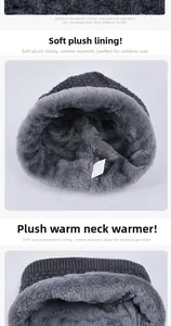 Detailed view of thick gray fleece lining on knitted winter hat and scarf set
