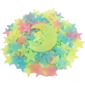 Luminous wall stickers set with 3D fluorescent stars and moon in yellow pink and blue colors