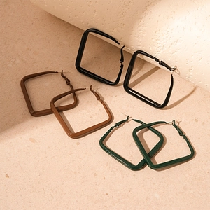 Large Square Geometric Hoop Earrings With Silver Earring Post Painted Matte Alloy Minimalist Retro Style For Women
