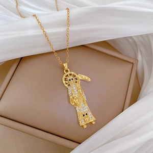 Luxurious gold-plated Santa Muerte pendant necklace with full cubic zirconia inlay
