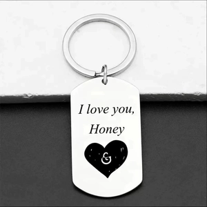 Rectangle stainless steel keychain engraved with 'I love you, Honey' and heart symbol