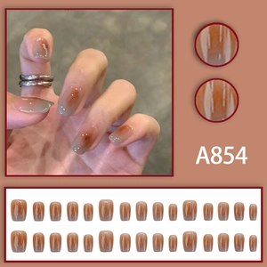 Amber brown and green cat-eye gradient press-on nails set with glossy finish A854
