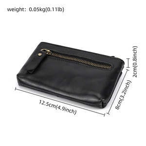 Detailed dimensions of black leather coin purse with top and front zipper pockets