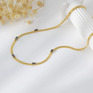 Elegant 18K gold-plated titanium necklace with five square black zircons on a snake chain