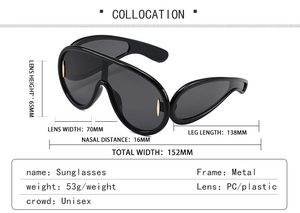 Detailed size chart for oversized shield sunglasses with metal frame dimensions