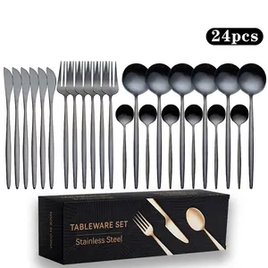 24-piece matte black stainless steel cutlery set with elegant textured storage box