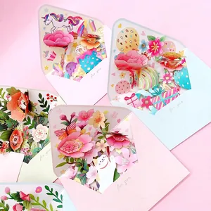 3D Pop Up Greeting Cards Paper Handmade Laser Cut With Envelopes For Birthday Festival Blessing Flower Unicorn Cat Designs