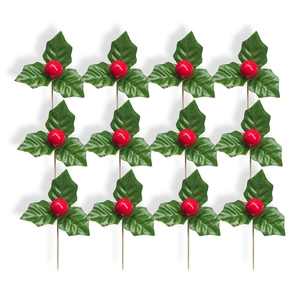 Set of 12 artificial Christmas red berry picks with green holly leaves for festive decor